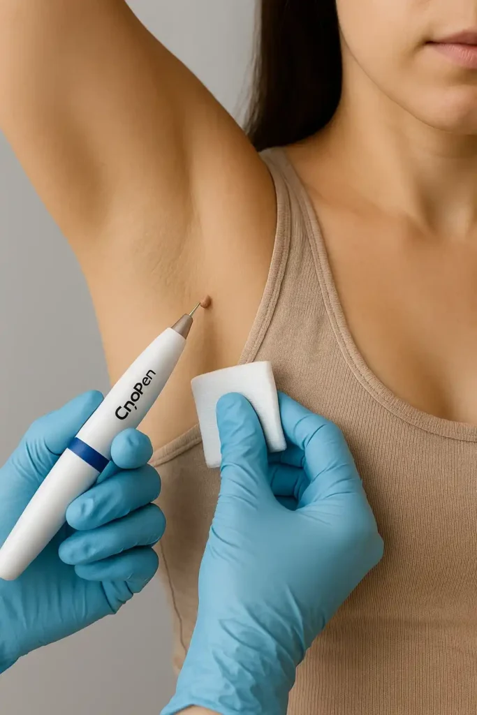 woman having cryopen to remove underarm skin tags New Malden