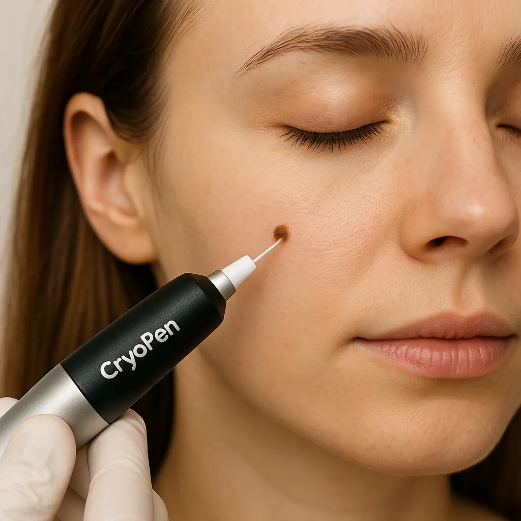 woman receiving facial mole removal New Malden using cryopen