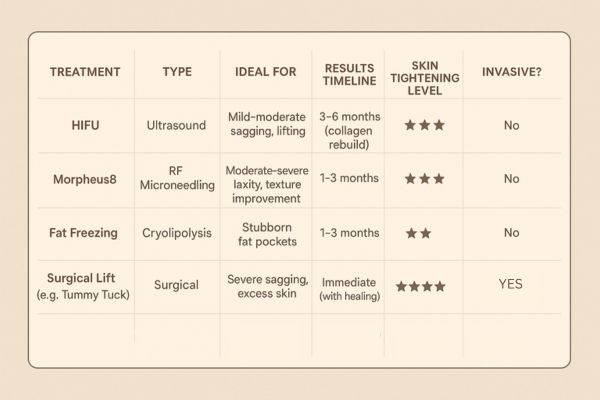 Table showing the comparisons of Skin tightening New Malden treatment options.